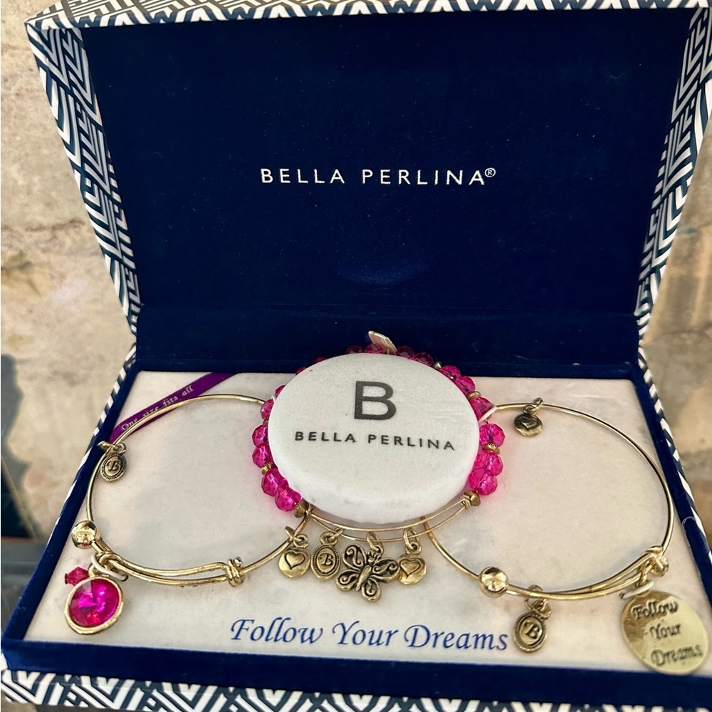 bella Perlina Gold-Tone Charm Bracelet Set with Hot Pink Accents